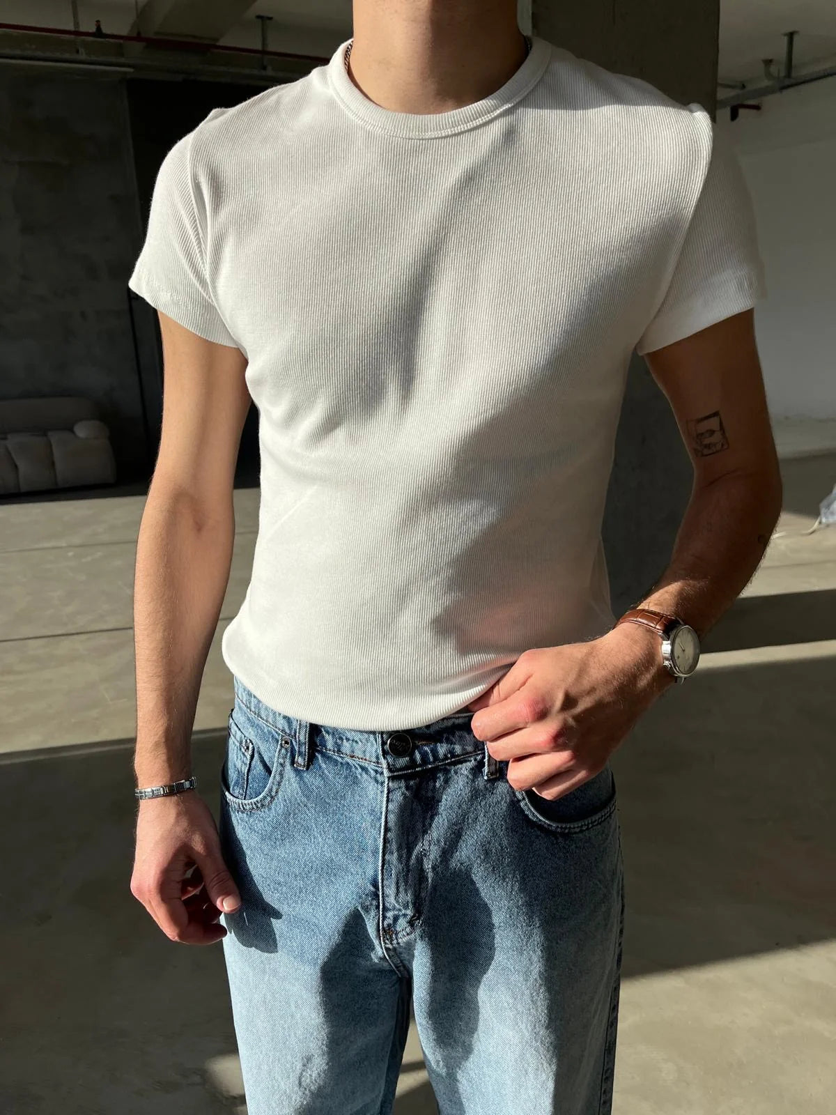 Crew Neck Regular Knit White T-Shirt
