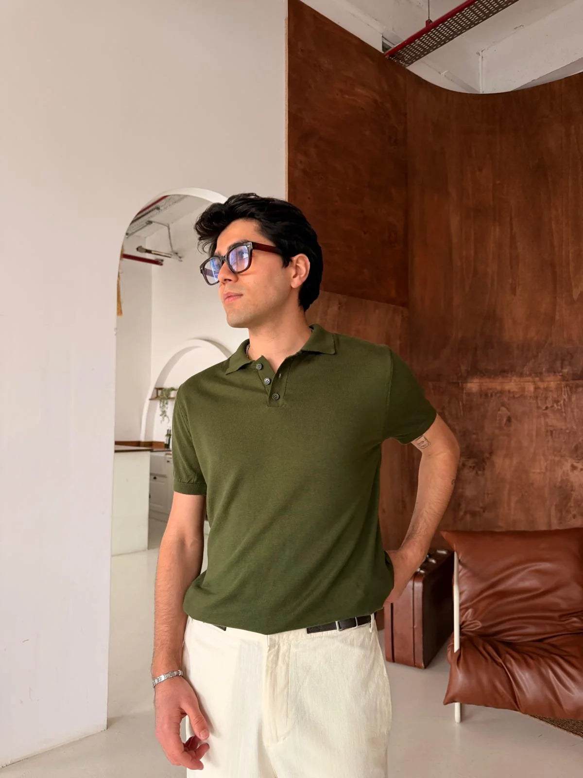 Polo Neck Khaki Basic Knitwear T-Shirt
