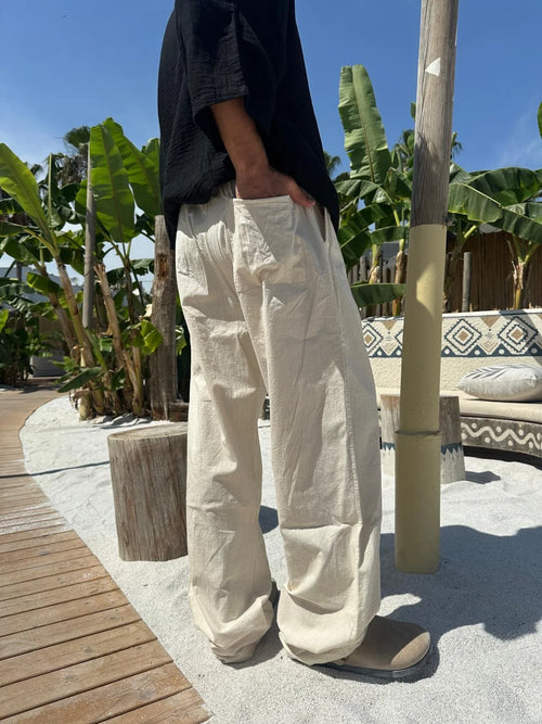 Beige Linen Baggy Pants