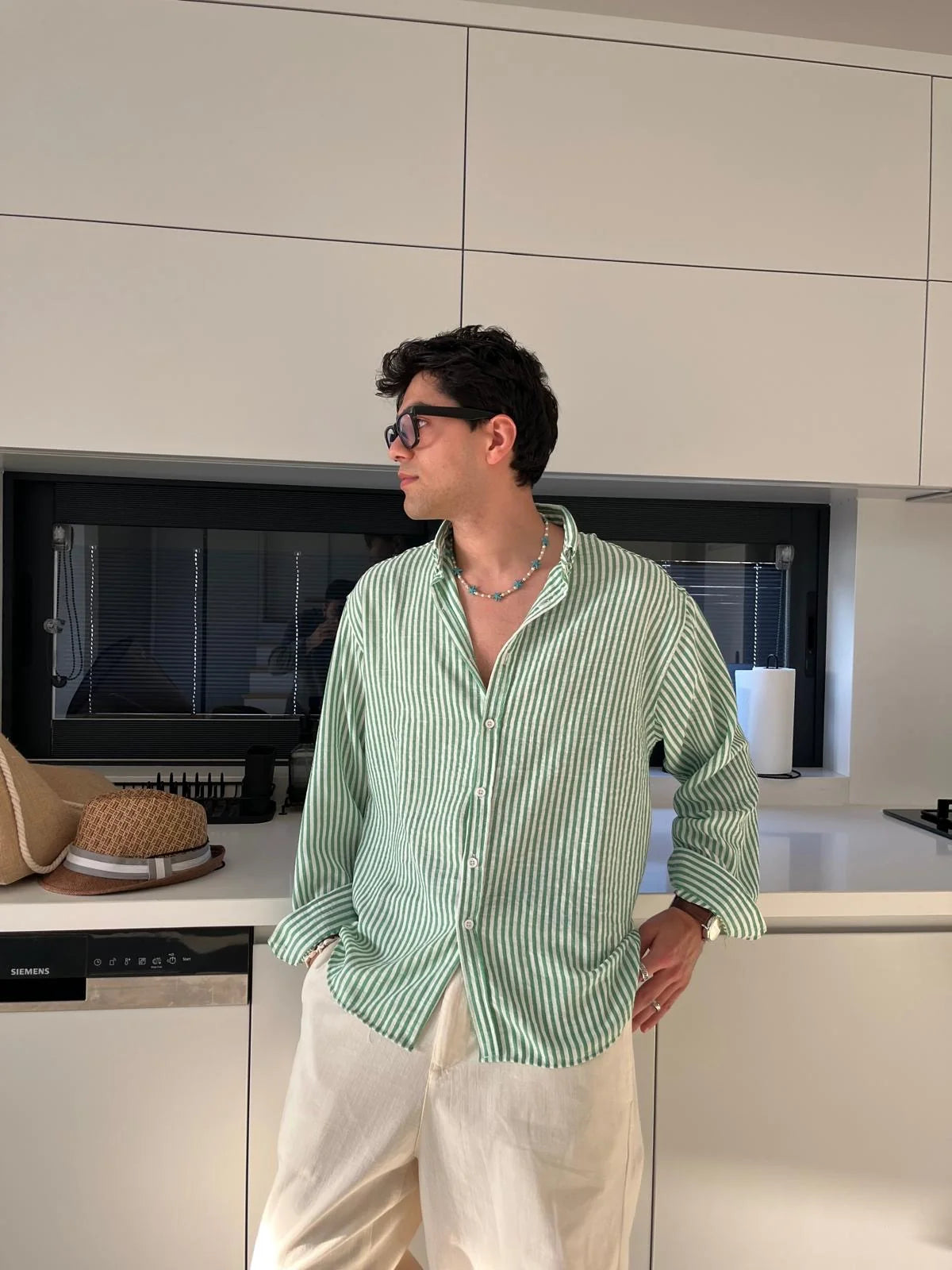 Green Striped Linen Shirt
