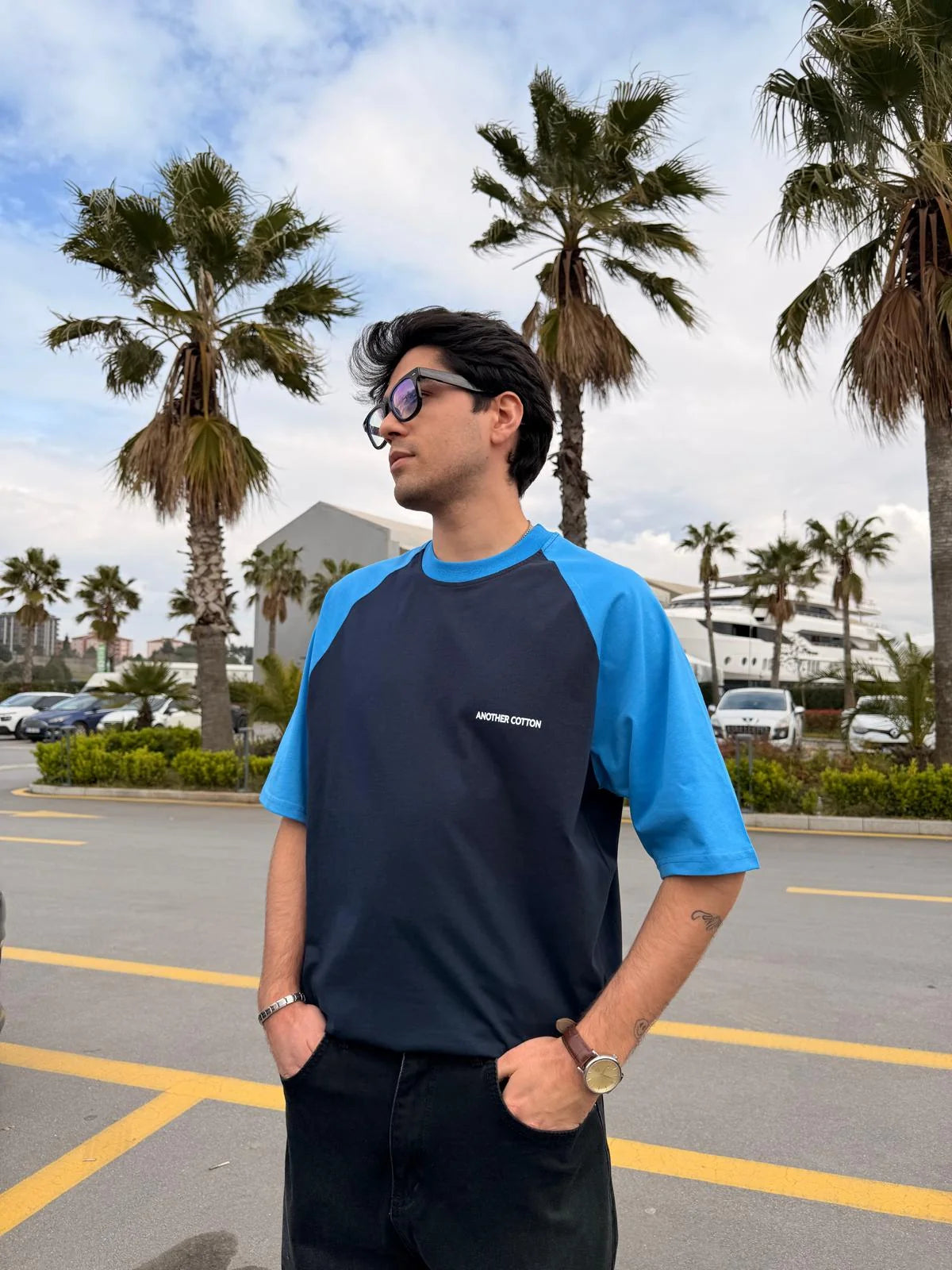 Coffee Date Raglan Sleeve Navy Blue T-Shirt