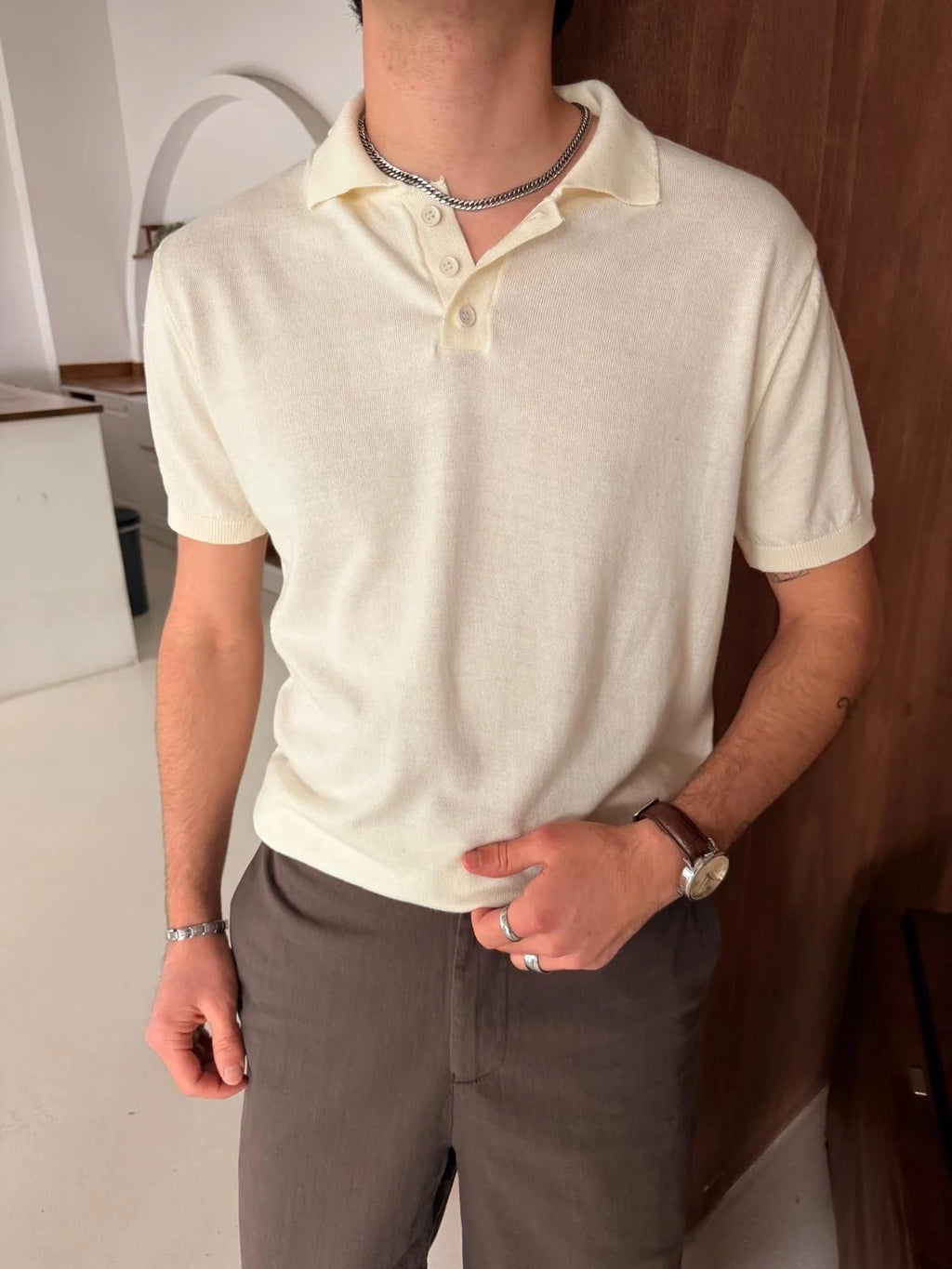 Polo Neck Beige Basic Knitwear T-Shirt