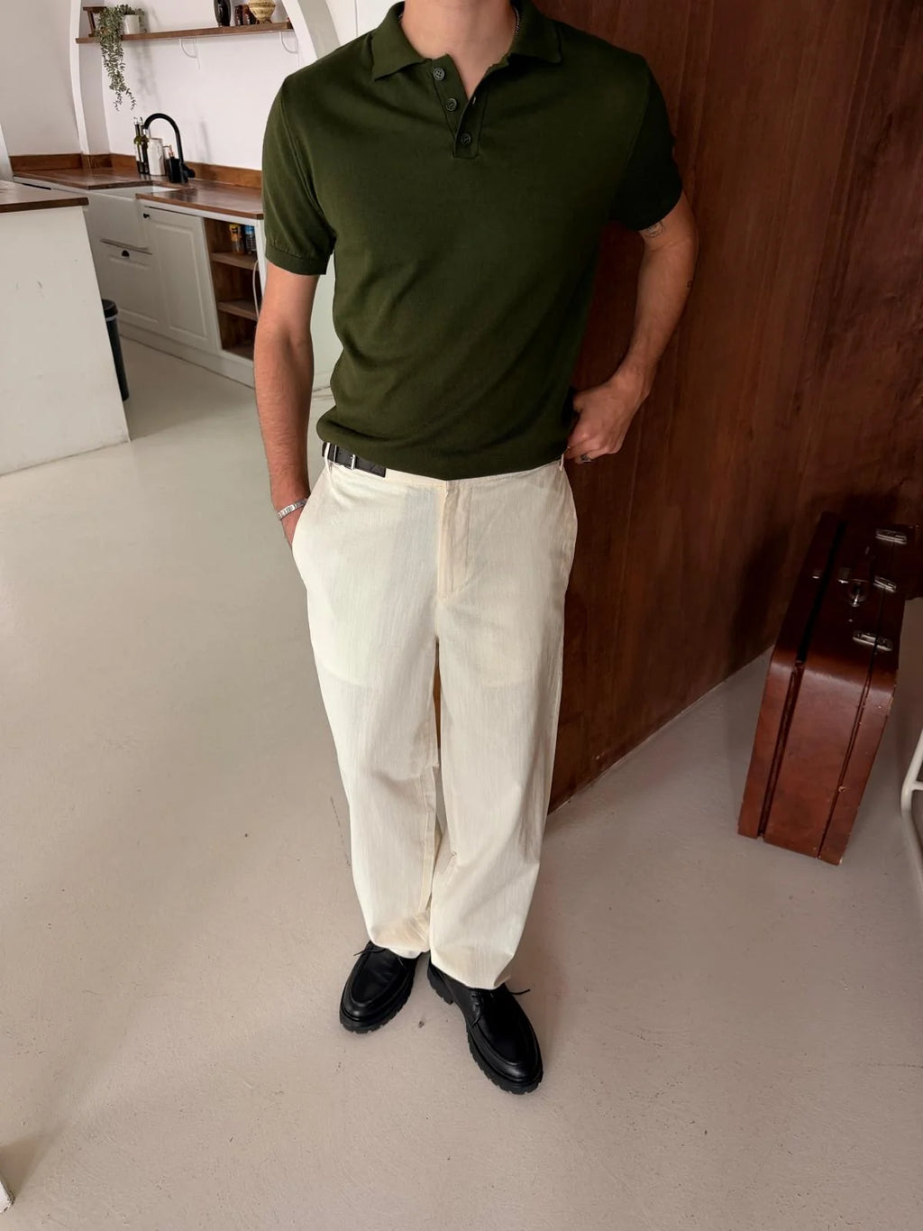 Polo Neck Khaki Basic Knitwear T-Shirt