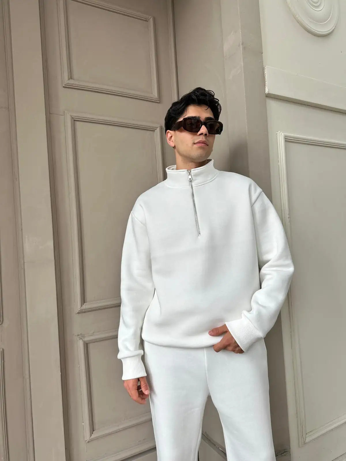 White Oversized Basic Half Zipper