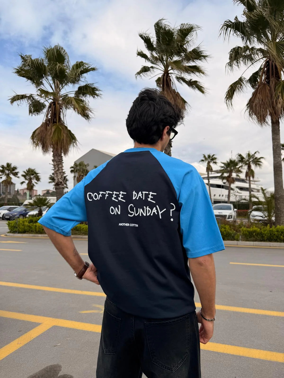 Coffee Date Raglan Sleeve Navy Blue T-Shirt