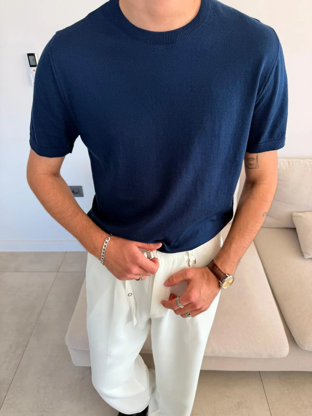 Crew Neck Regular Knit Navy Blue T-Shirt