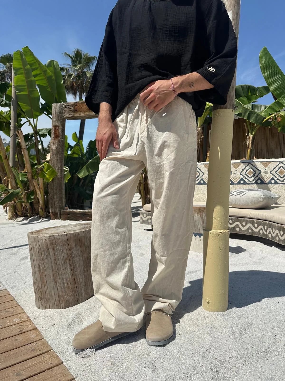Beige Linen Baggy Pants