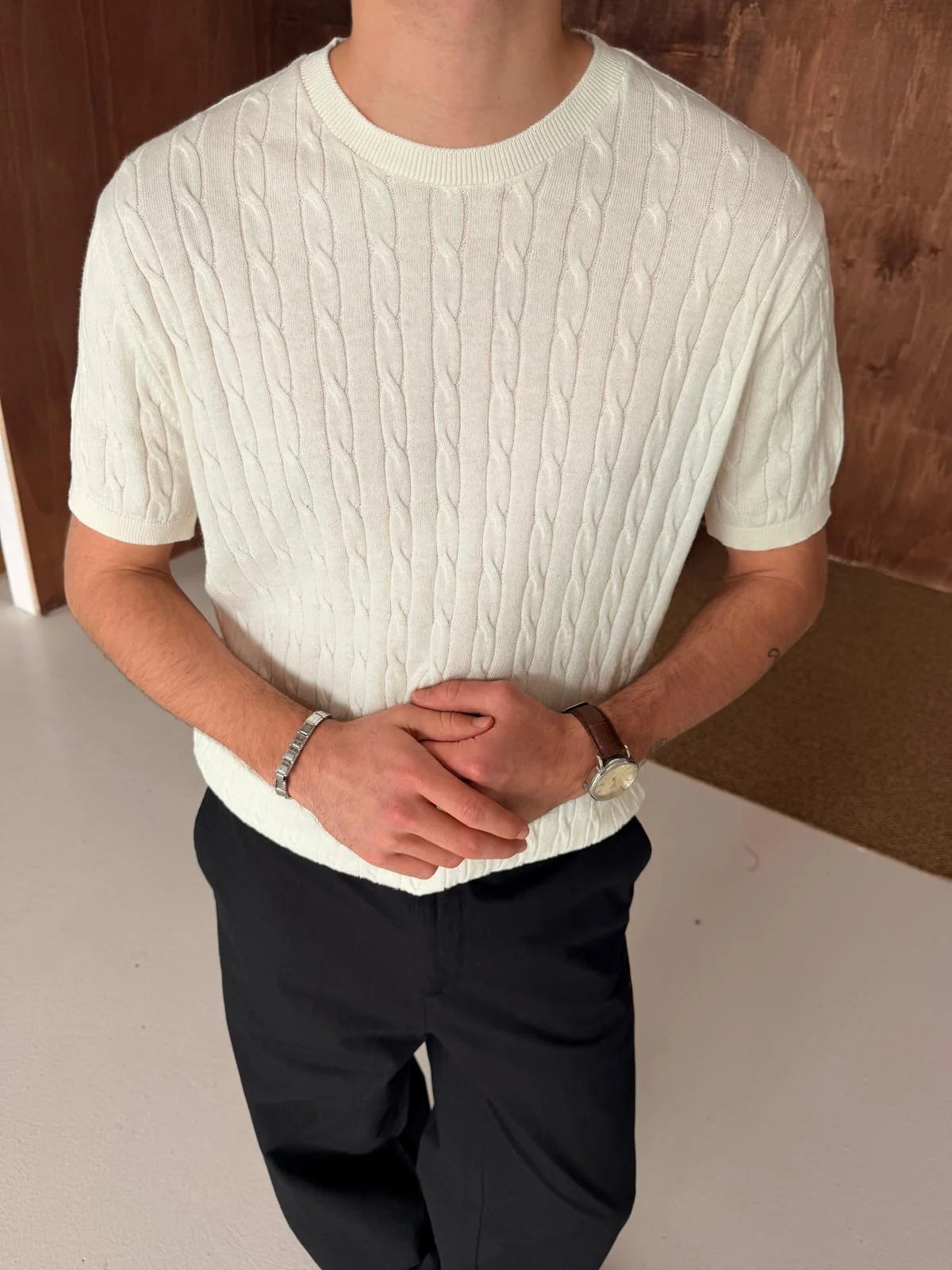 Hair Braid Beige Knit T-Shirt