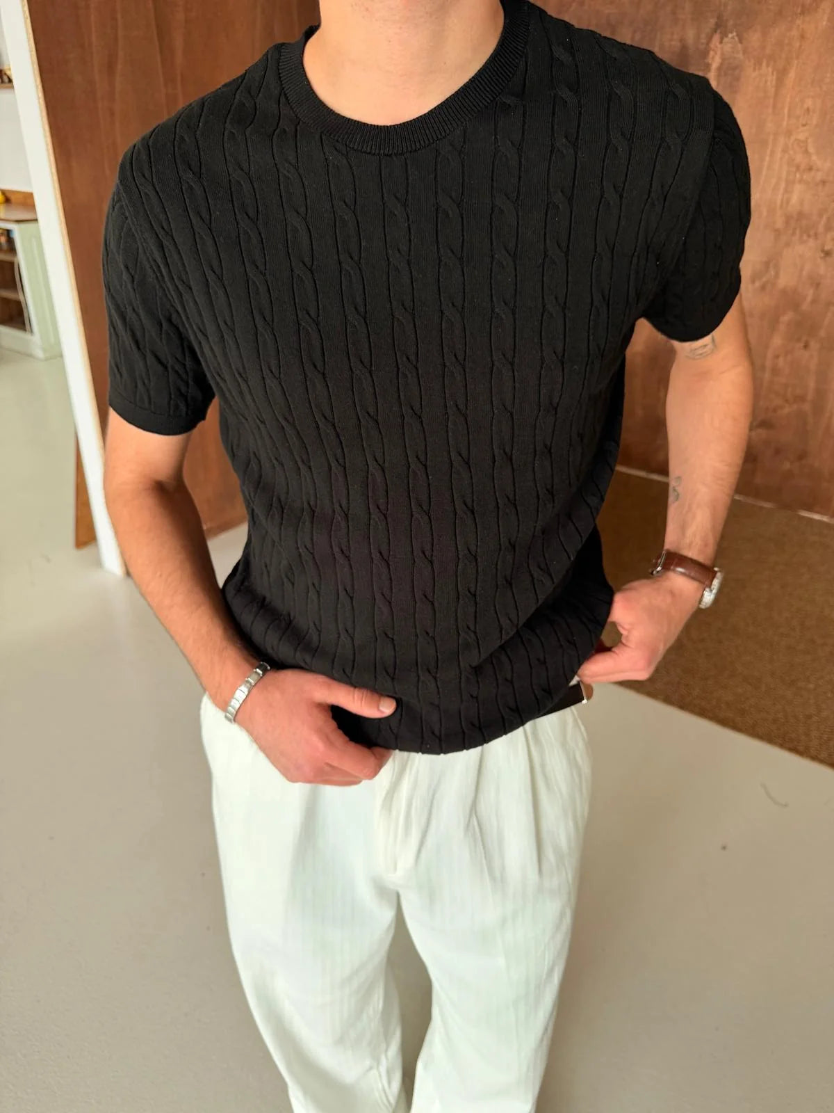 Hair Braid Black Knit T-Shirt