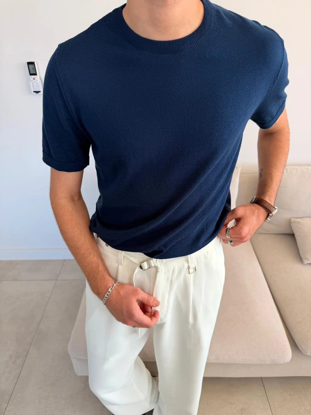 Crew Neck Regular Knit Navy Blue T-Shirt
