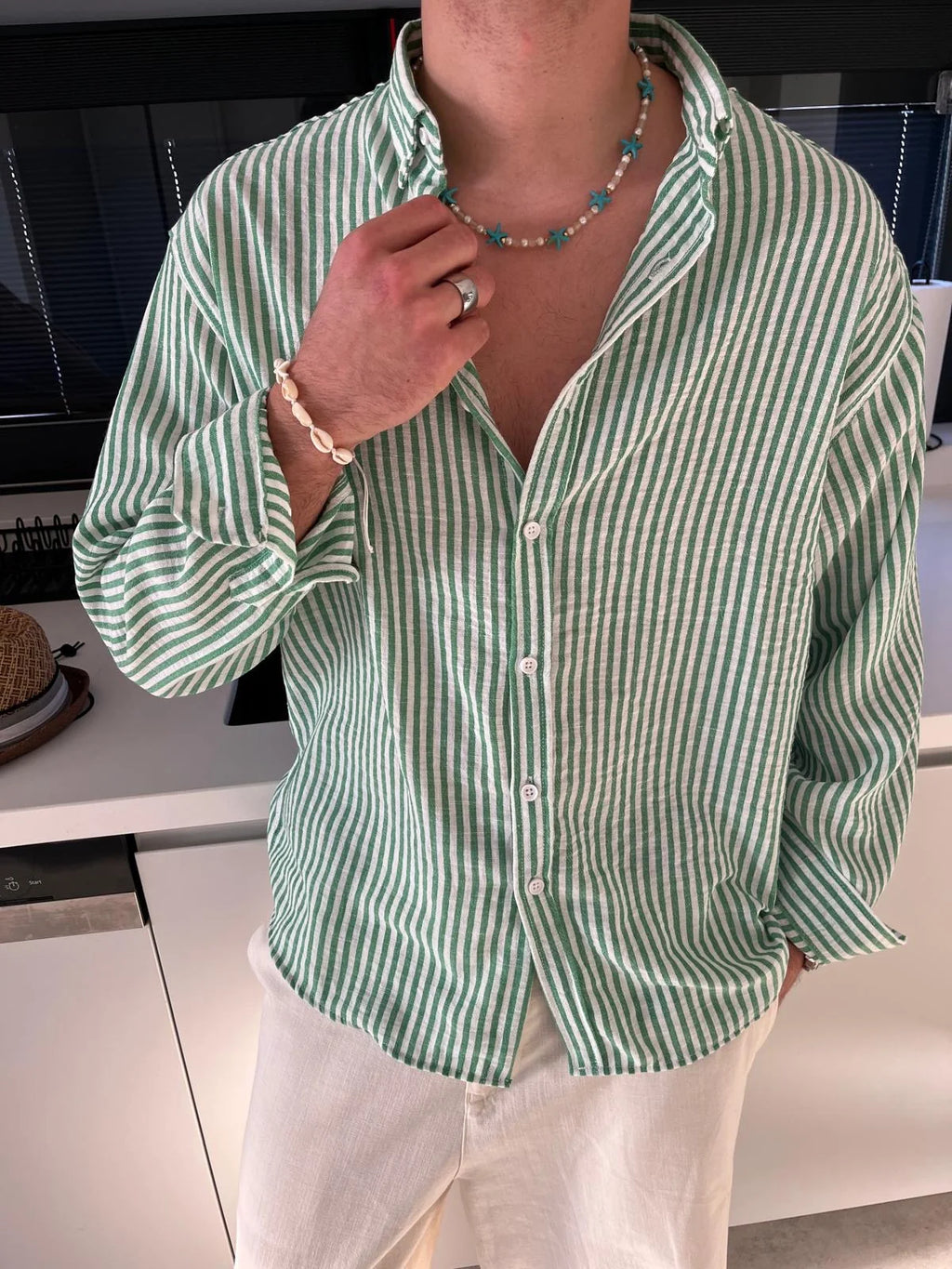 Green Striped Linen Shirt