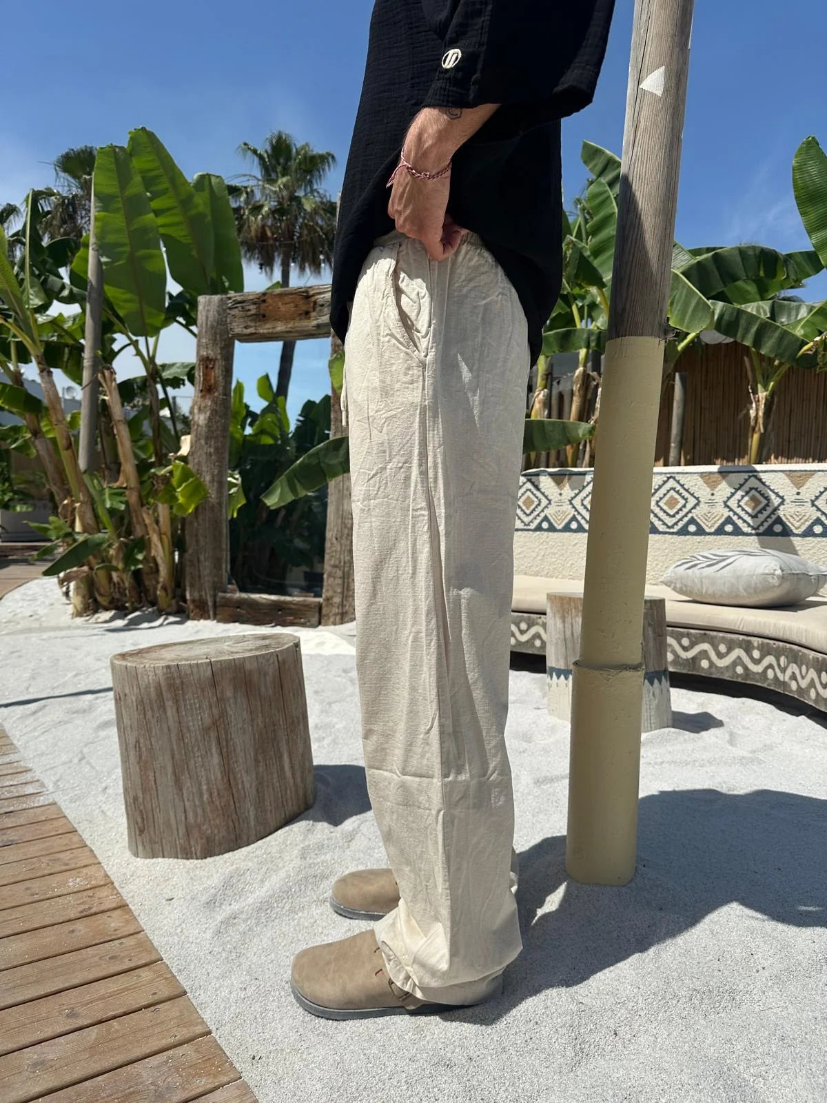 Beige Linen Baggy Pants