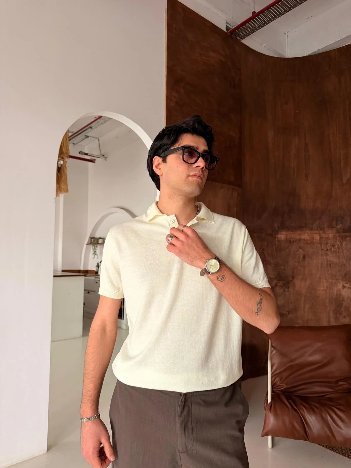 Polo Neck Beige Basic Knitwear T-Shirt