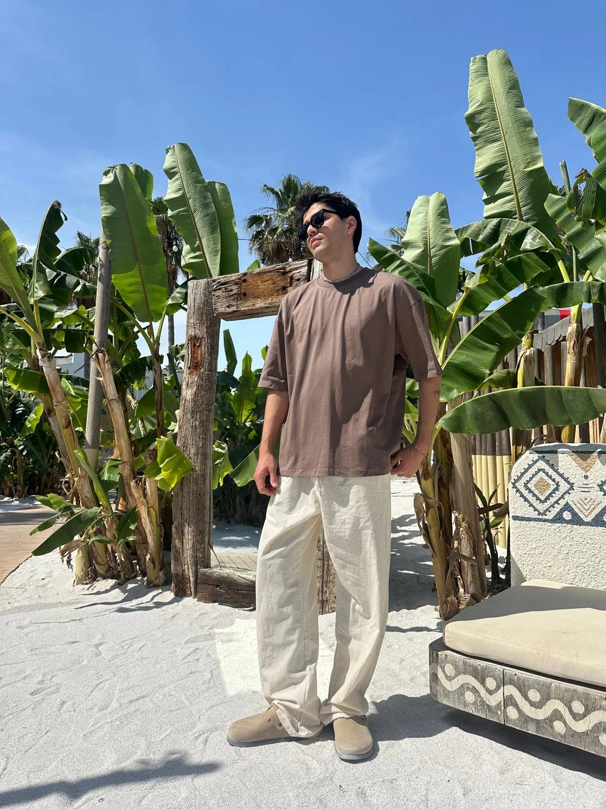 Beige Linen Baggy Pants