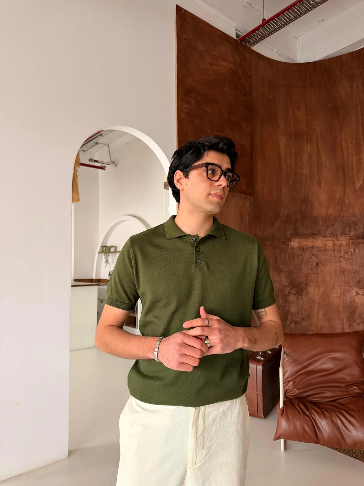 Polo Neck Khaki Basic Knitwear T-Shirt