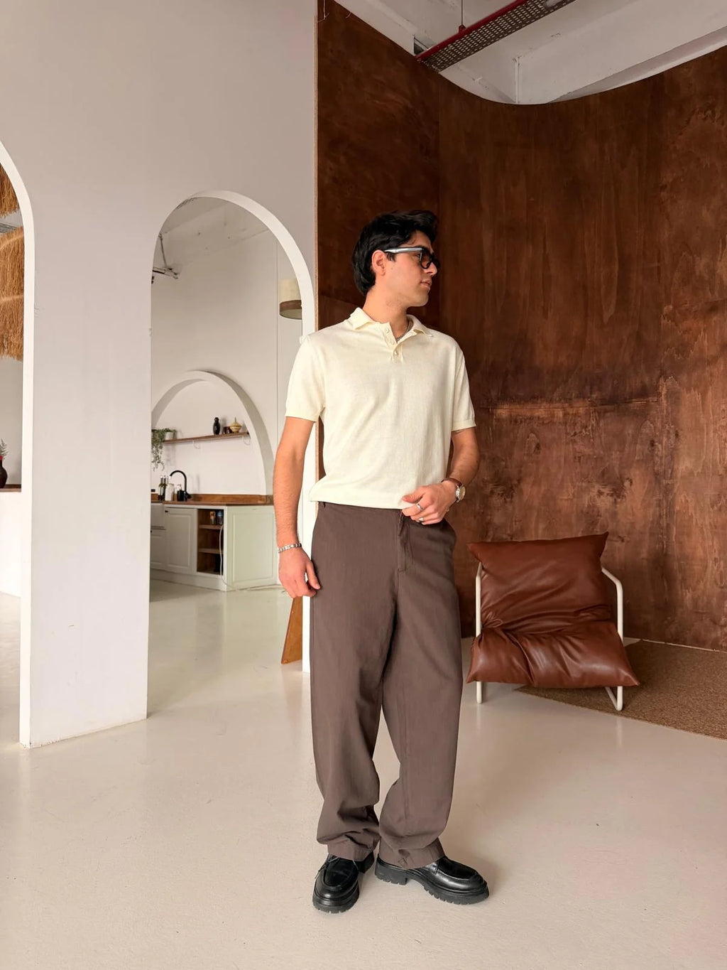Polo Neck Beige Basic Knitwear T-Shirt