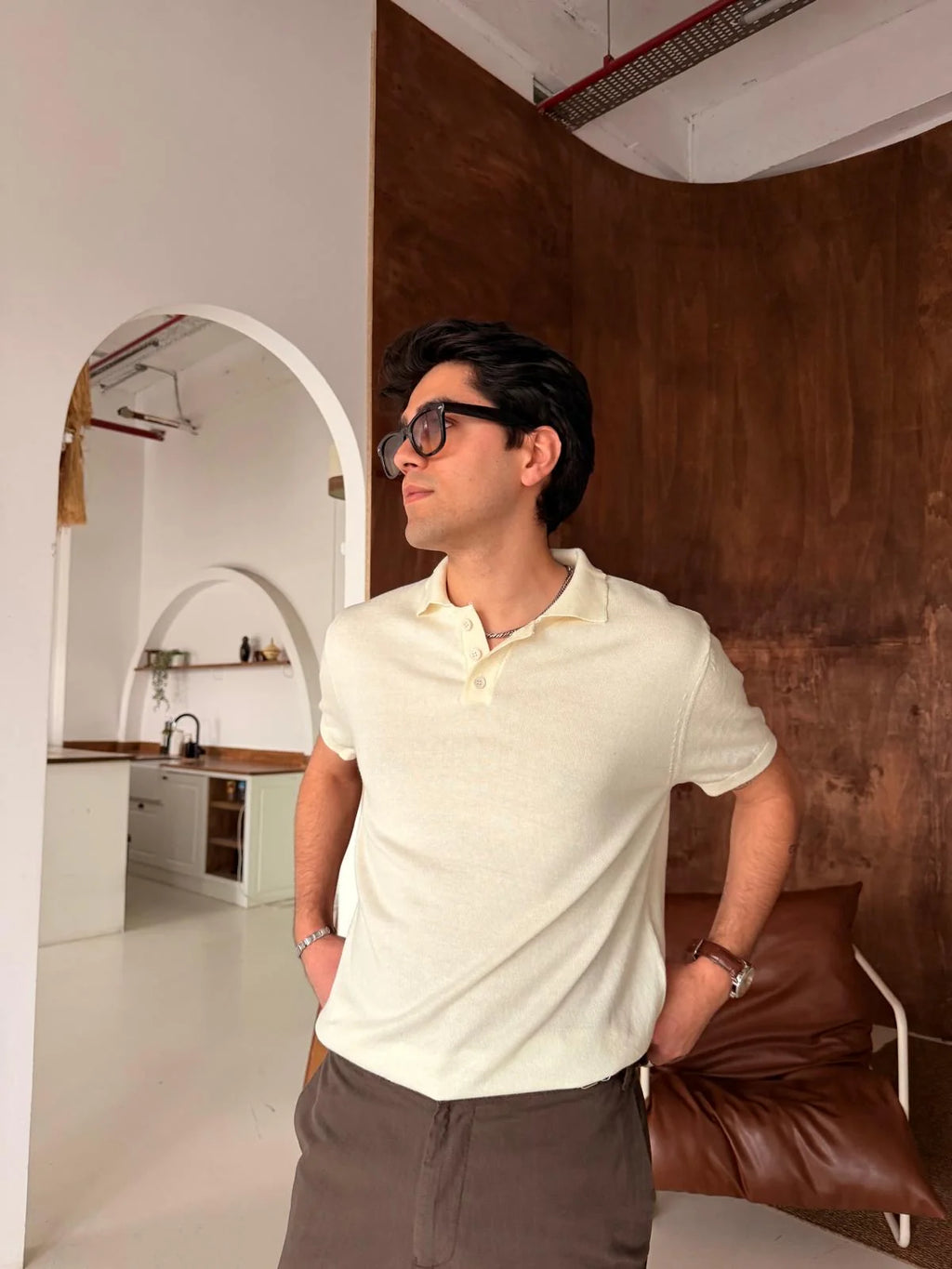 Polo Neck Beige Basic Knitwear T-Shirt