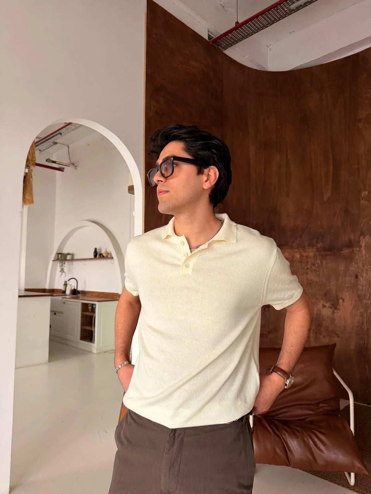 Polo Neck Beige Basic Knitwear T-Shirt