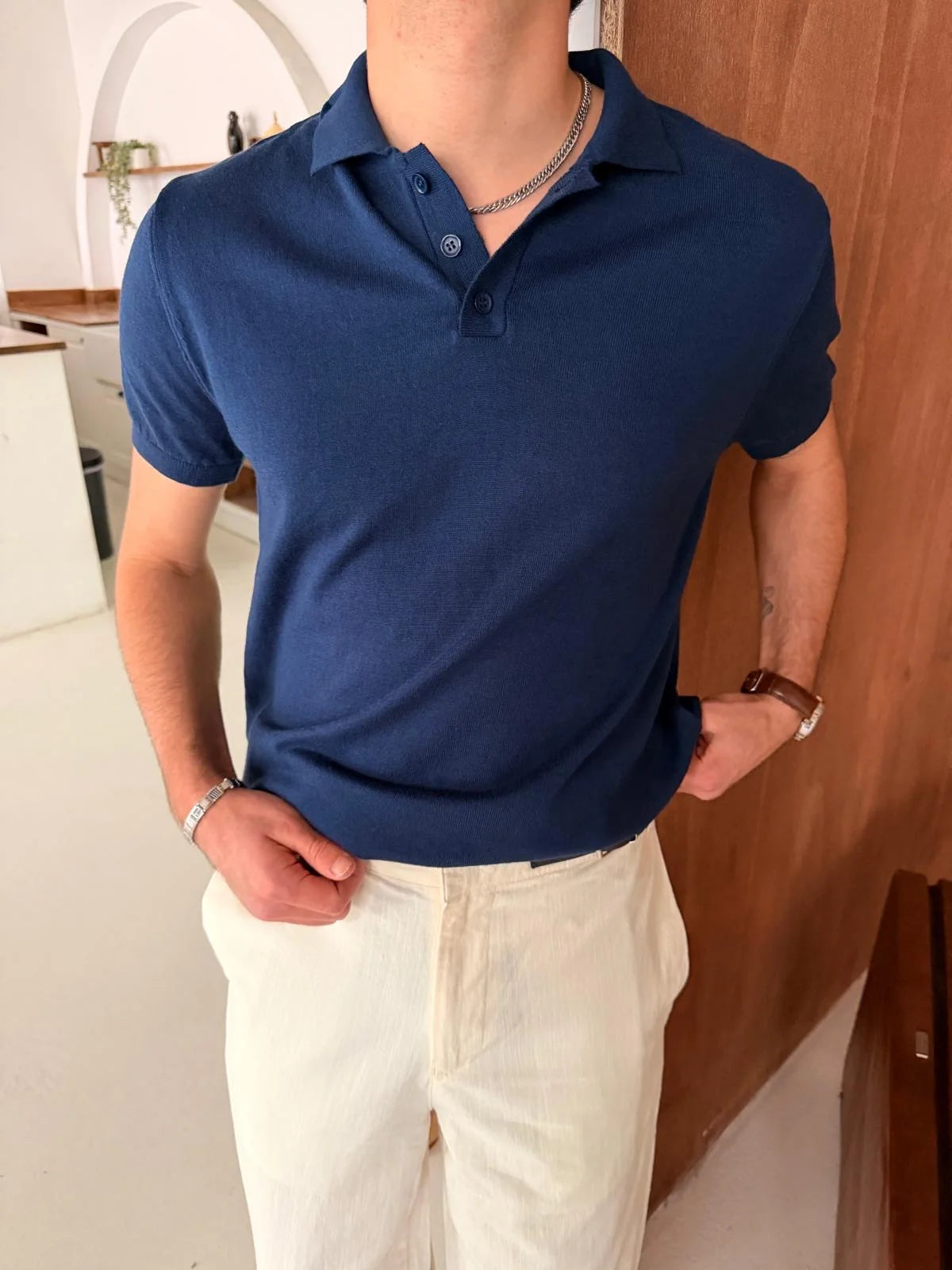 Polo Neck Navy Blue Basic Knitwear T-Shirt
