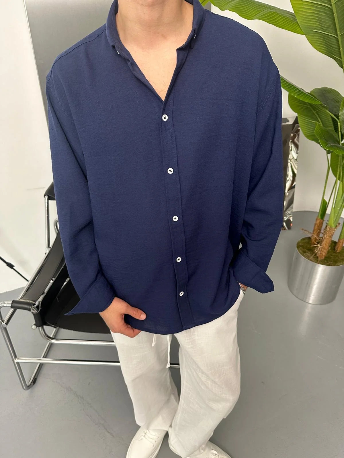 Navy Blue Linen Shirt