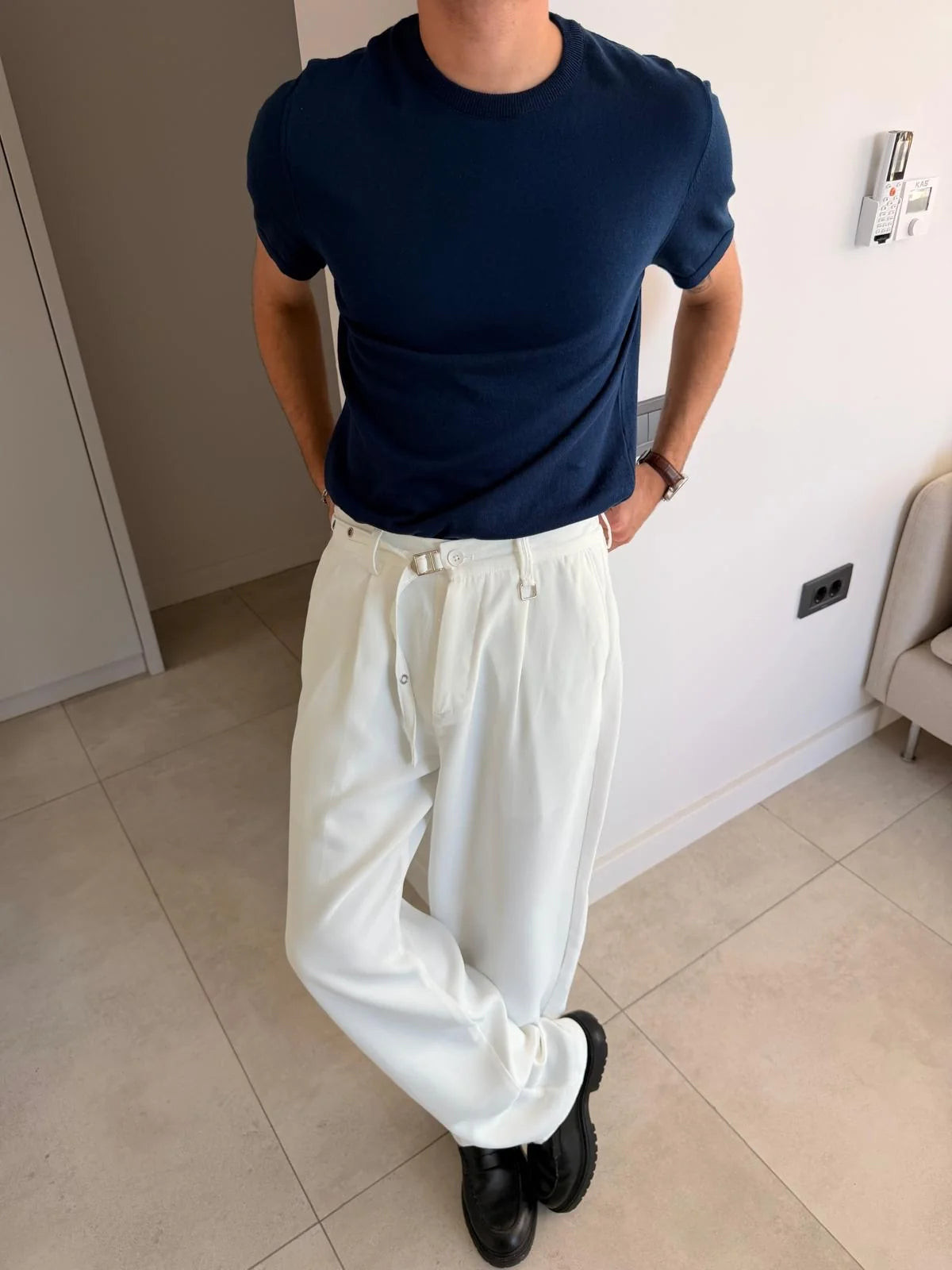 Crew Neck Regular Knit Navy Blue T-Shirt