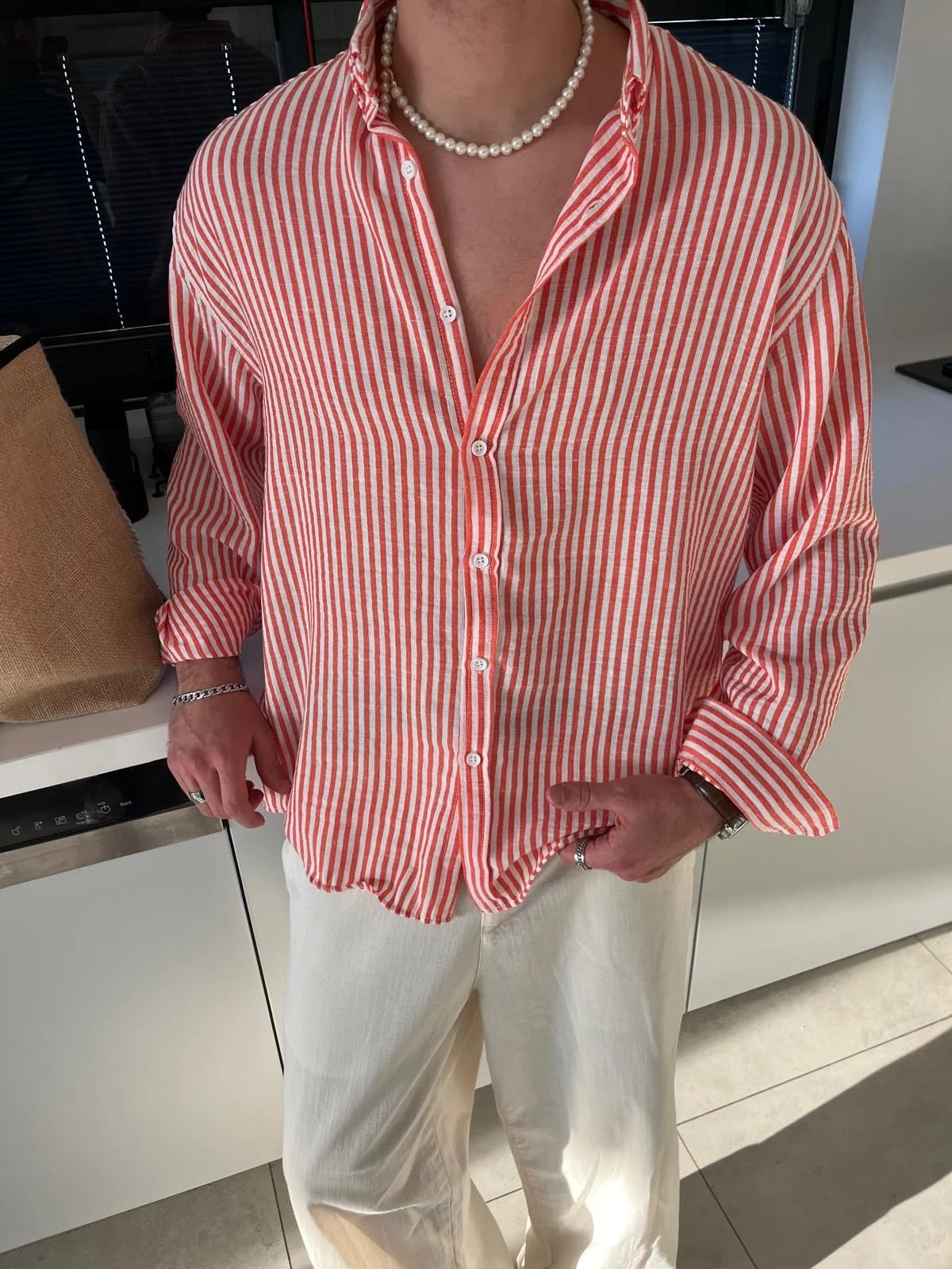 Orange Striped Linen Shirt