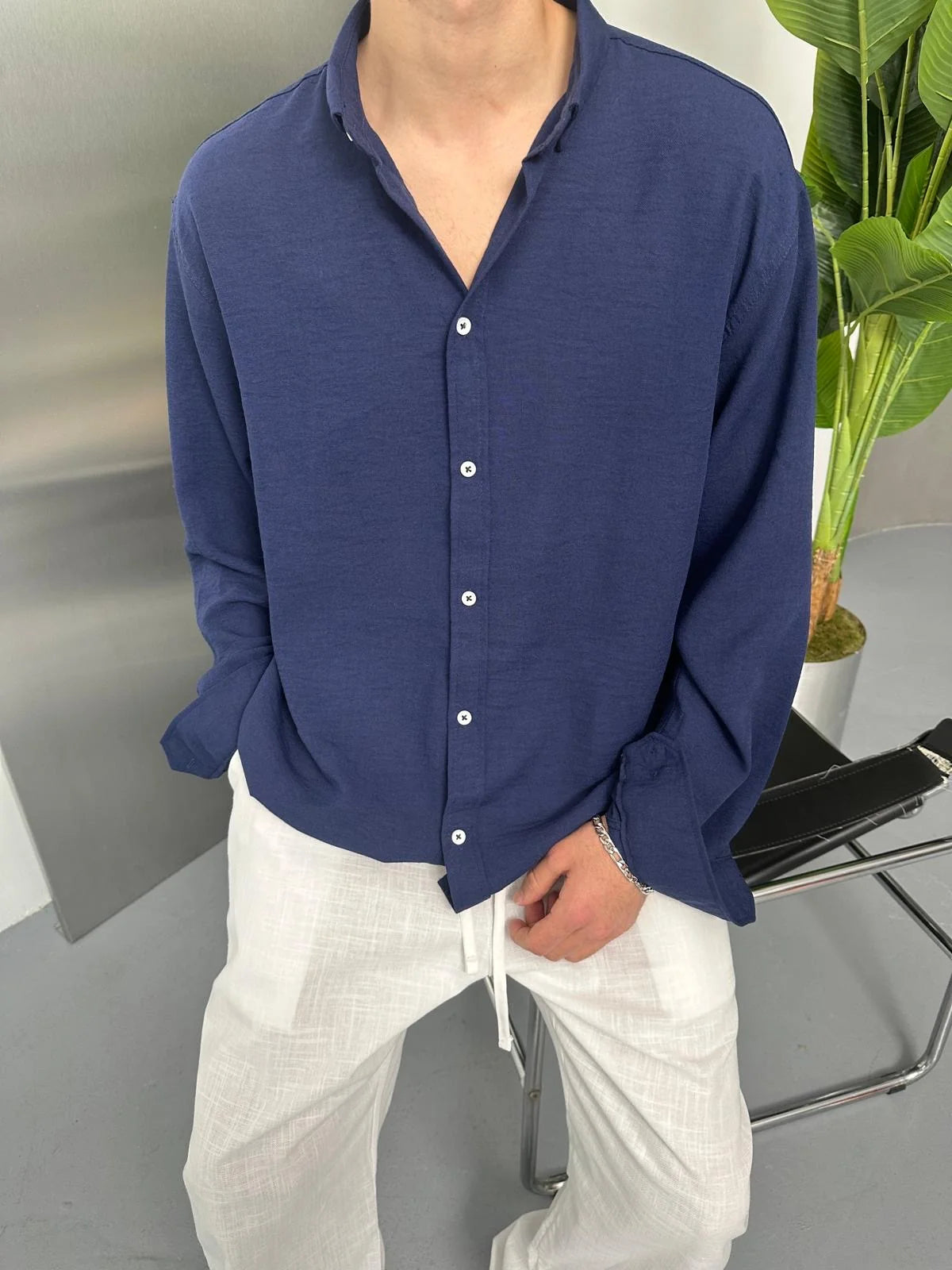 Navy Blue Linen Shirt