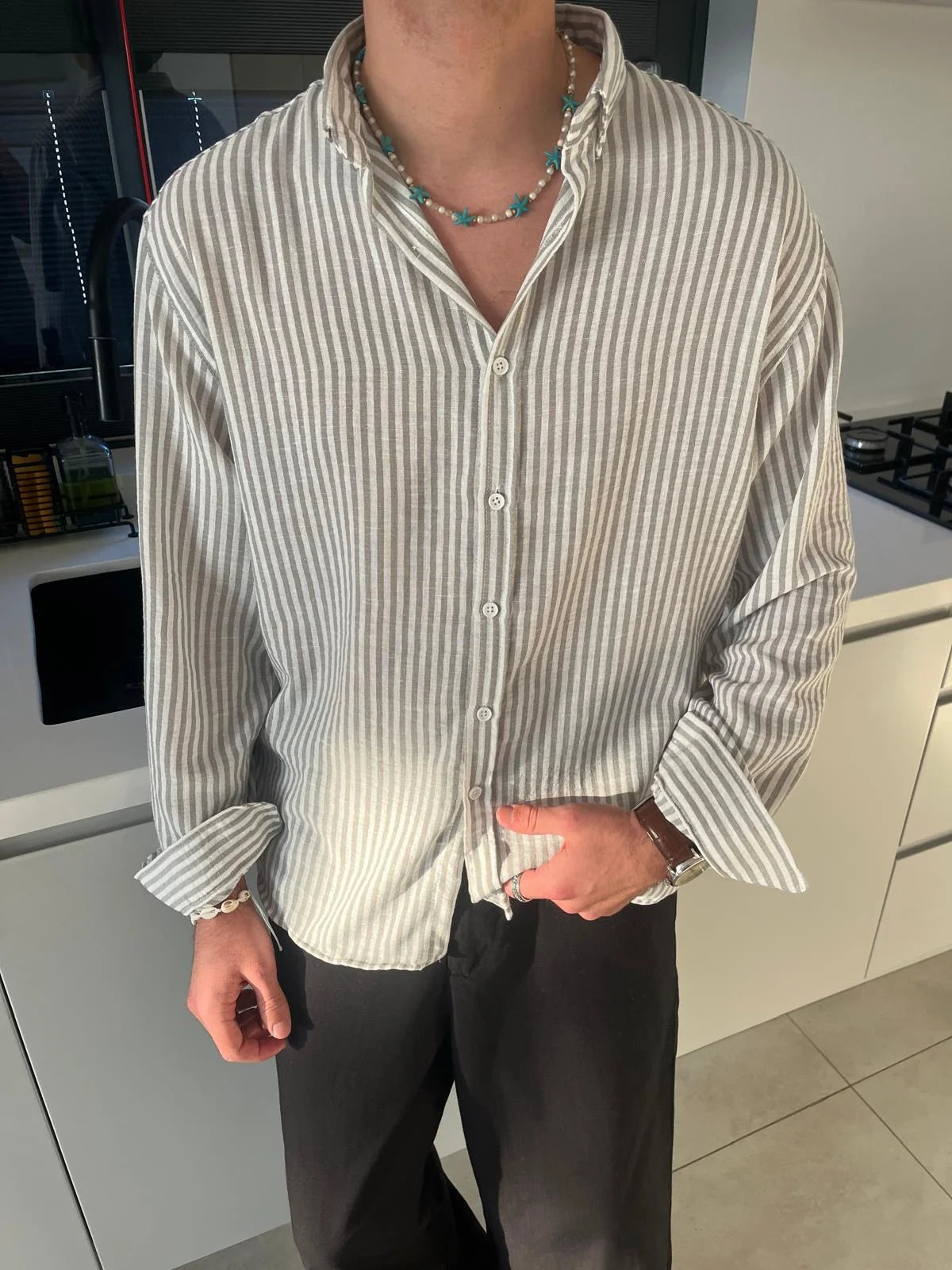 Grey Striped Linen Shirt