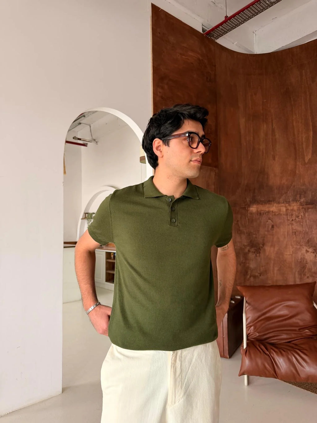 Polo Neck Khaki Basic Knitwear T-Shirt