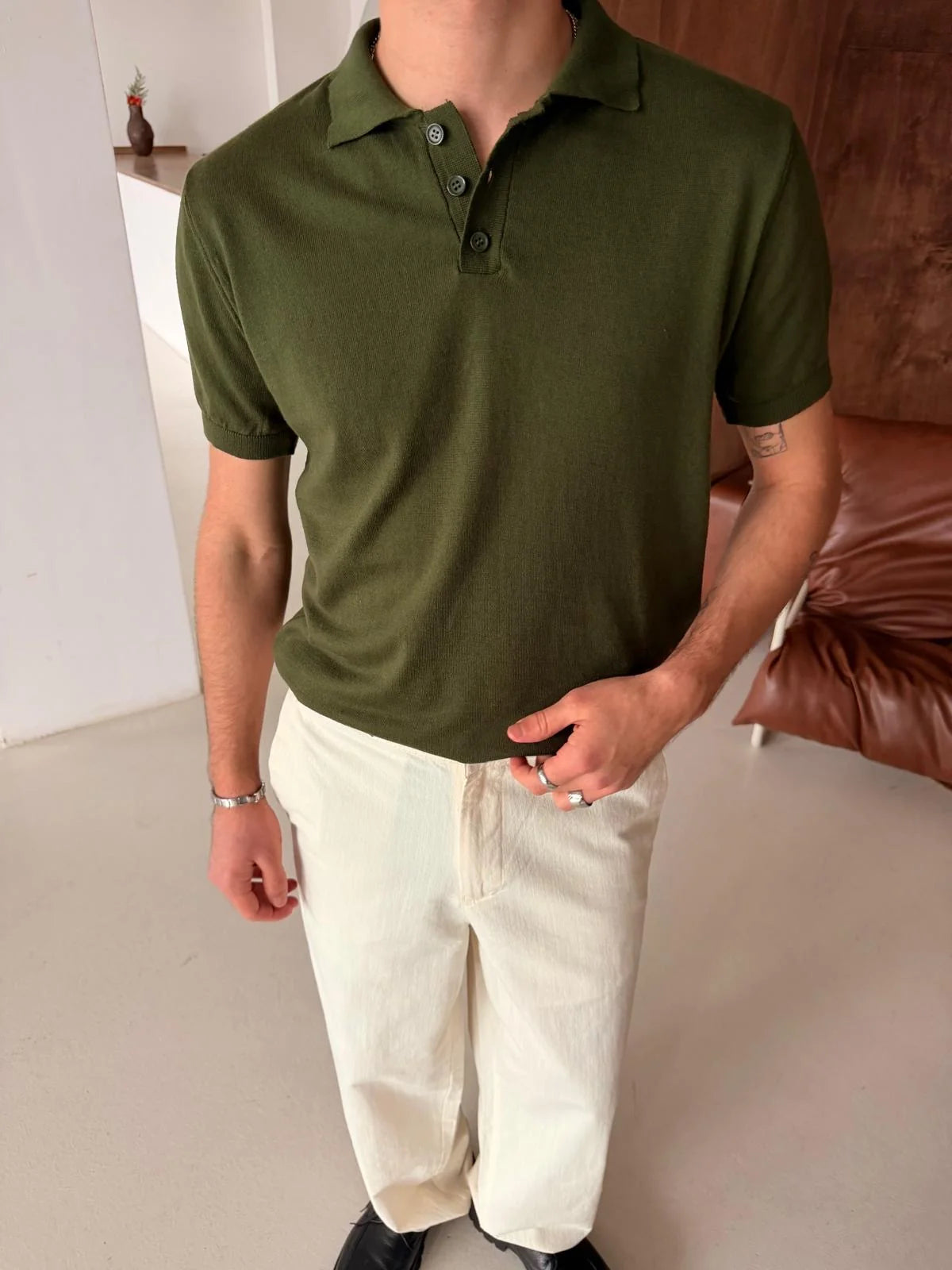 Polo Neck Khaki Basic Knitwear T-Shirt