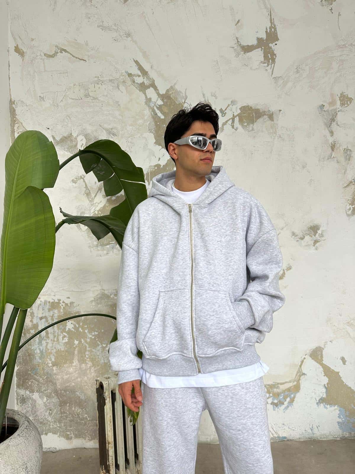 Gray Oversized Basic Full Zipper