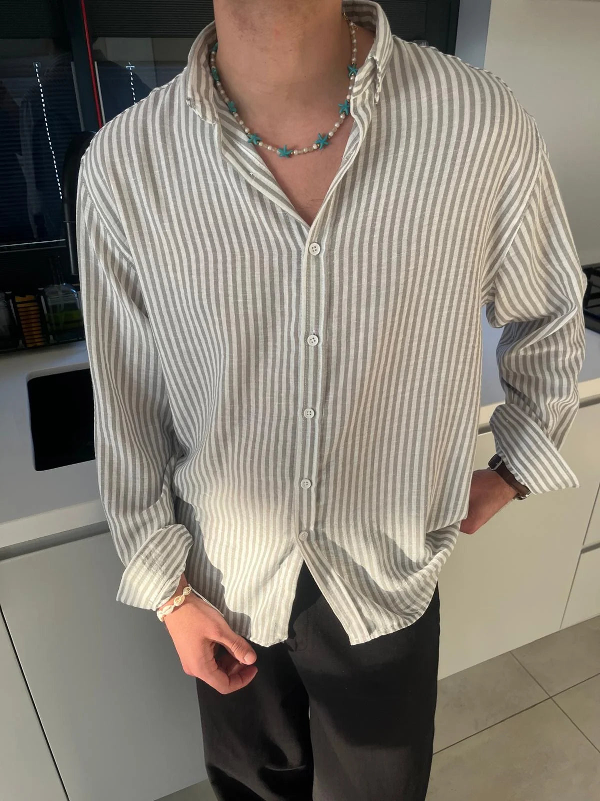 Grey Striped Linen Shirt