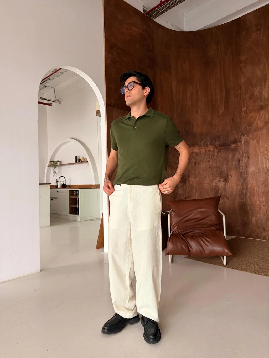 Polo Neck Khaki Basic Knitwear T-Shirt