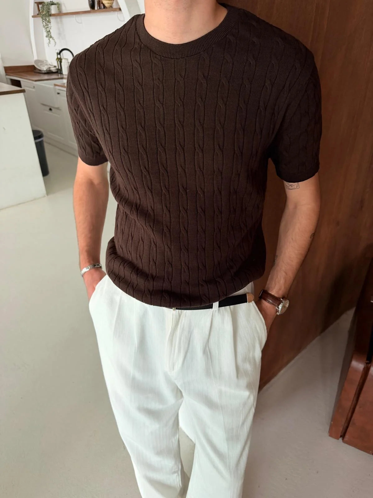 Hair Braid Coffee Knit T-Shirt
