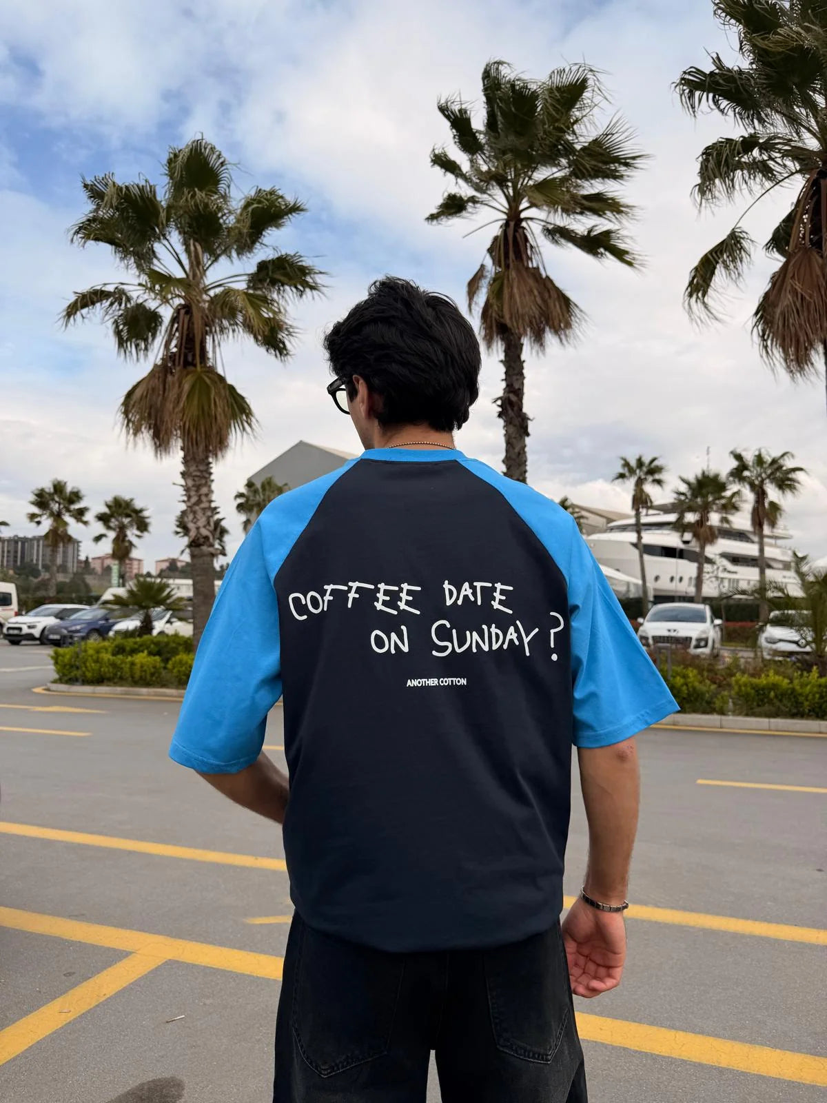 Coffee Date Raglan Sleeve Navy Blue T-Shirt