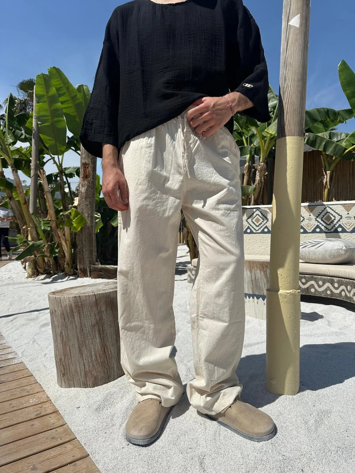 Beige Linen Baggy Pants