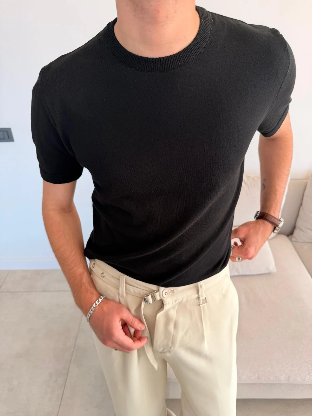 Crew Neck Regular Knit Black T-Shirt