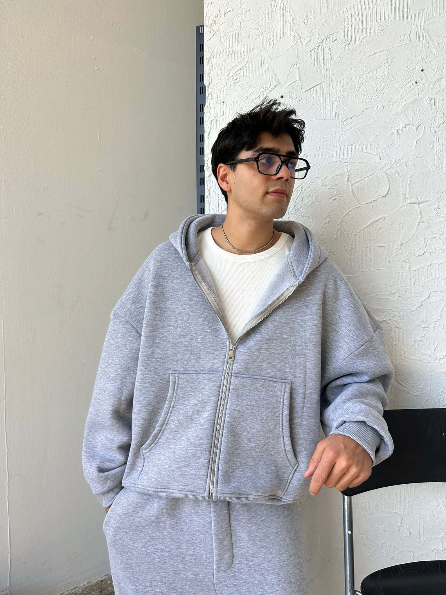 Gray Oversized Basic Full Zipper