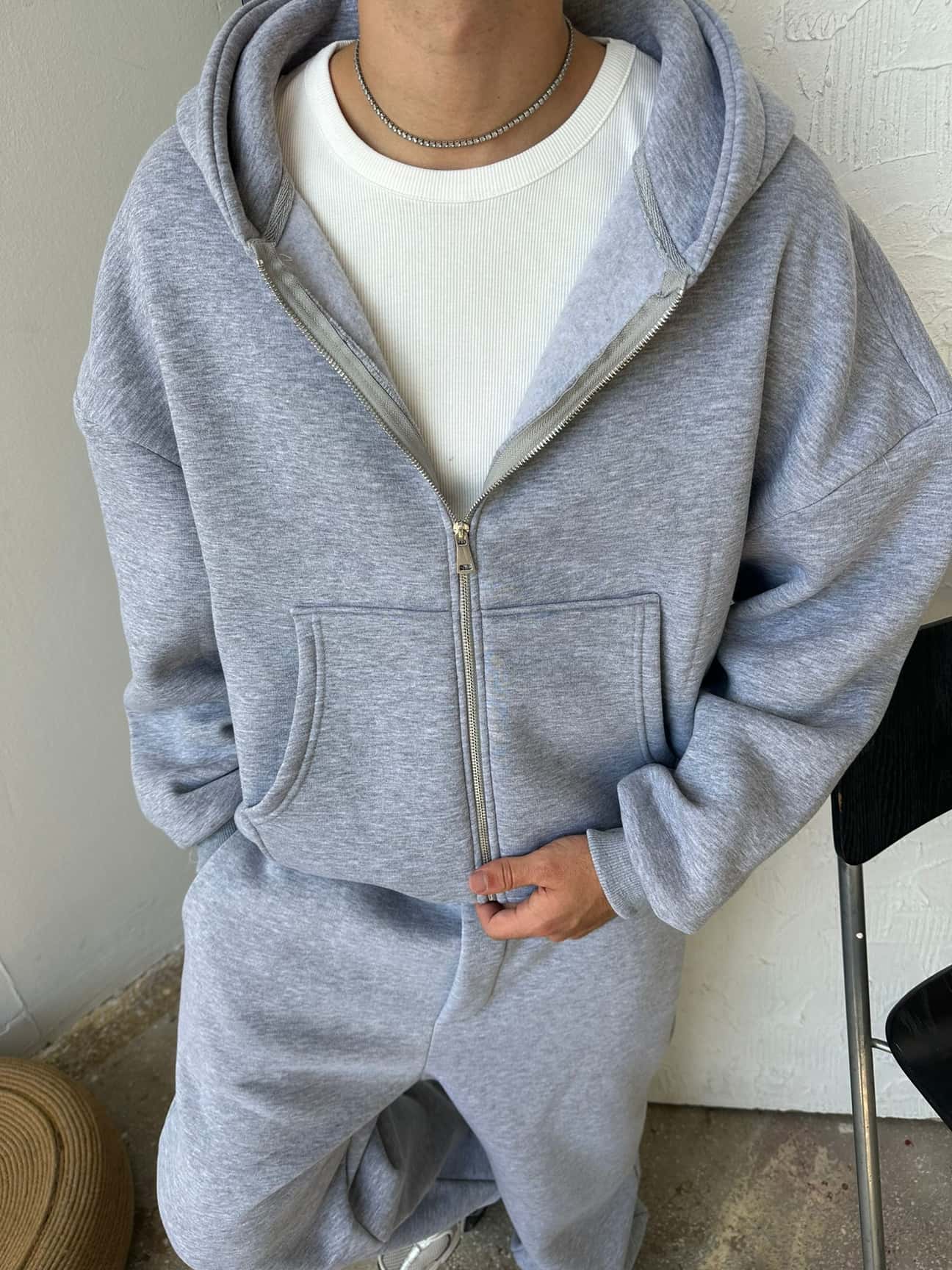 Gray Oversized Basic Full Zipper