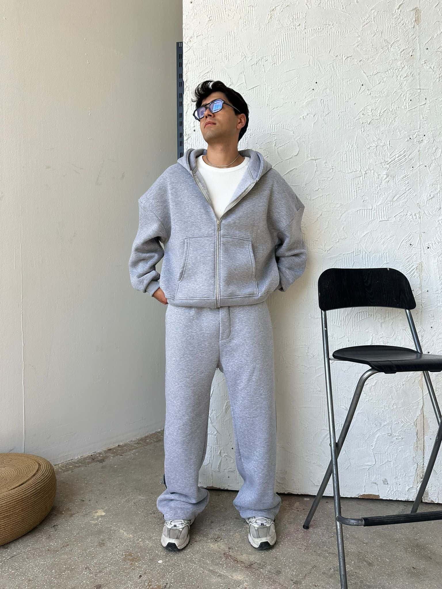 Gray Oversized Basic Full Zipper