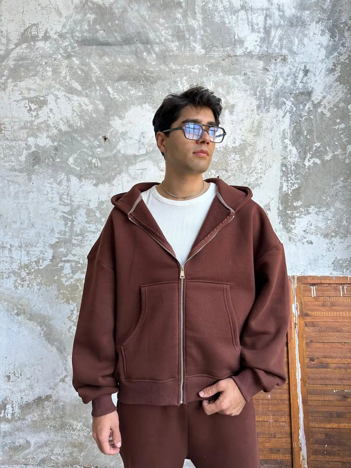 Brown Oversized Basic Full Zipper