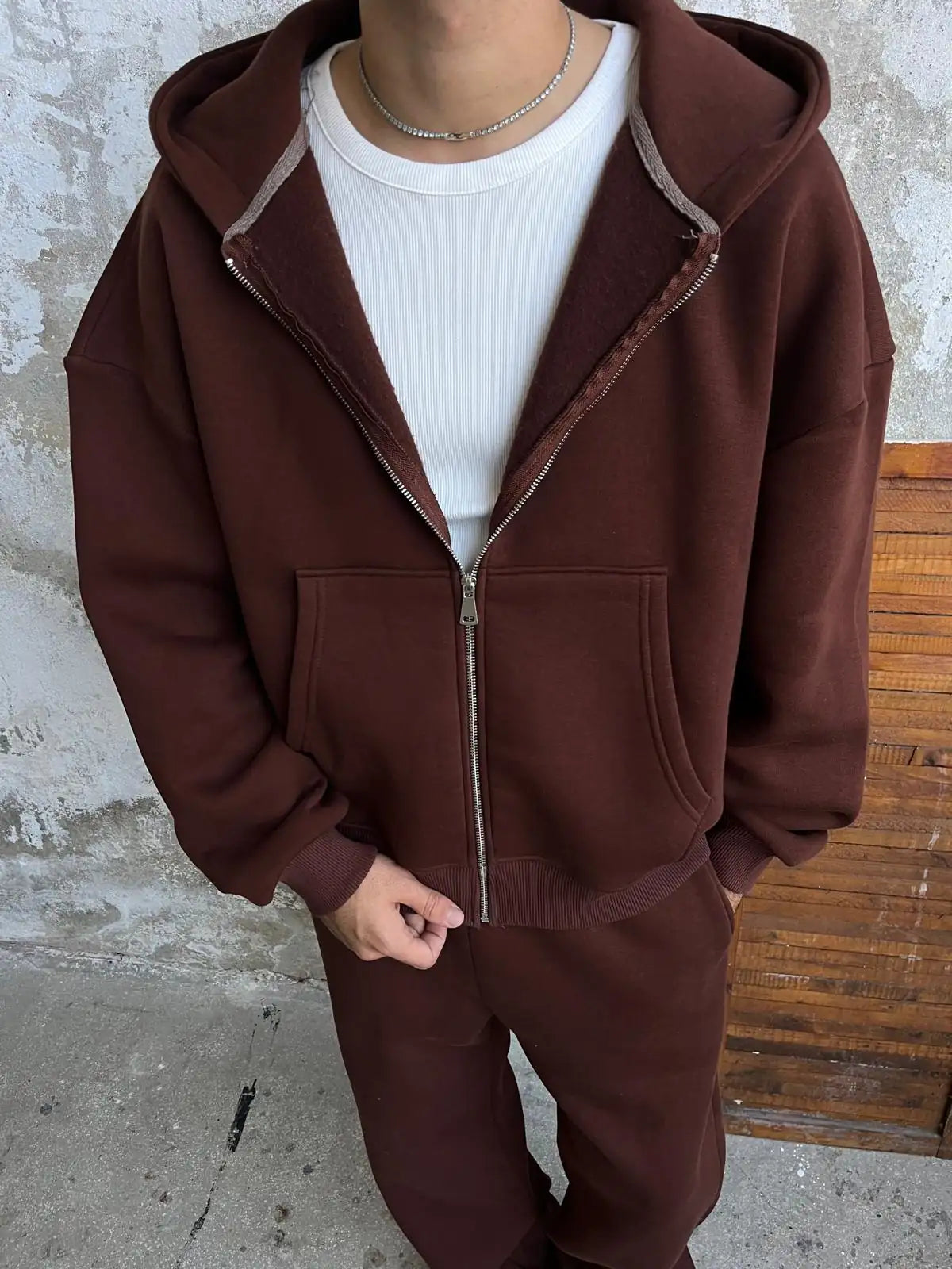 Brown Oversized Basic Full Zipper