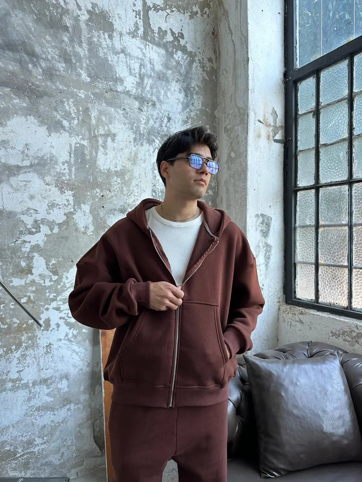 Brown Oversized Basic Full Zipper