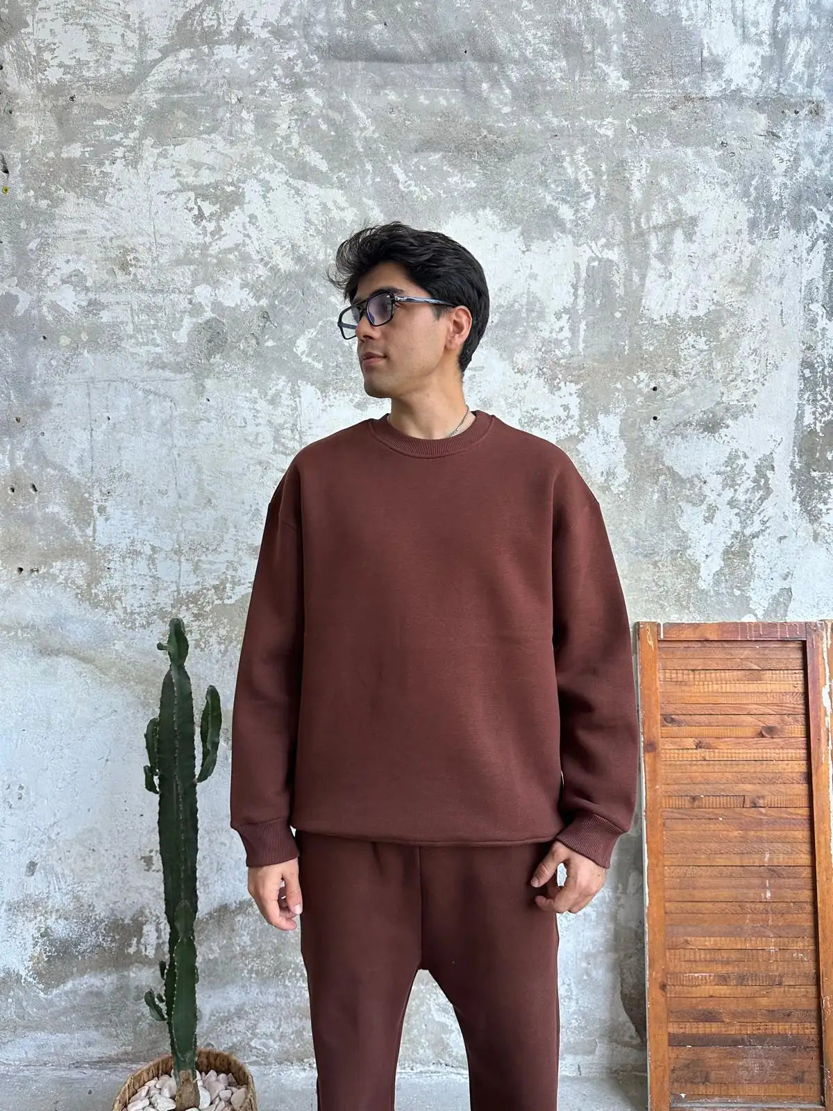 Essential Tracksuit Crewneck/Sweatpants Set - Brown