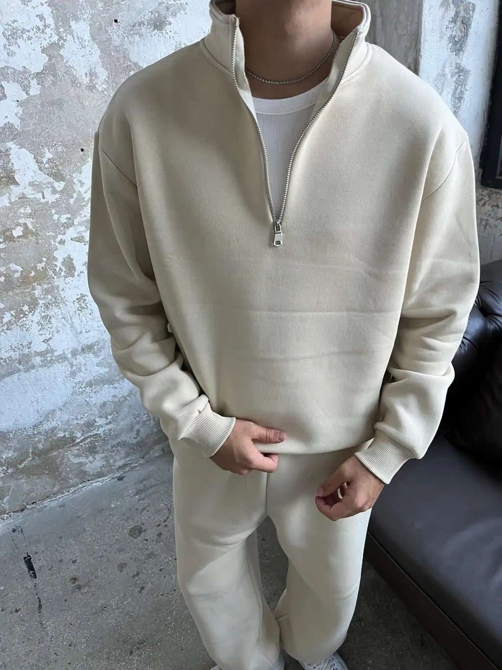 Beige Oversized Basic Half Zipper