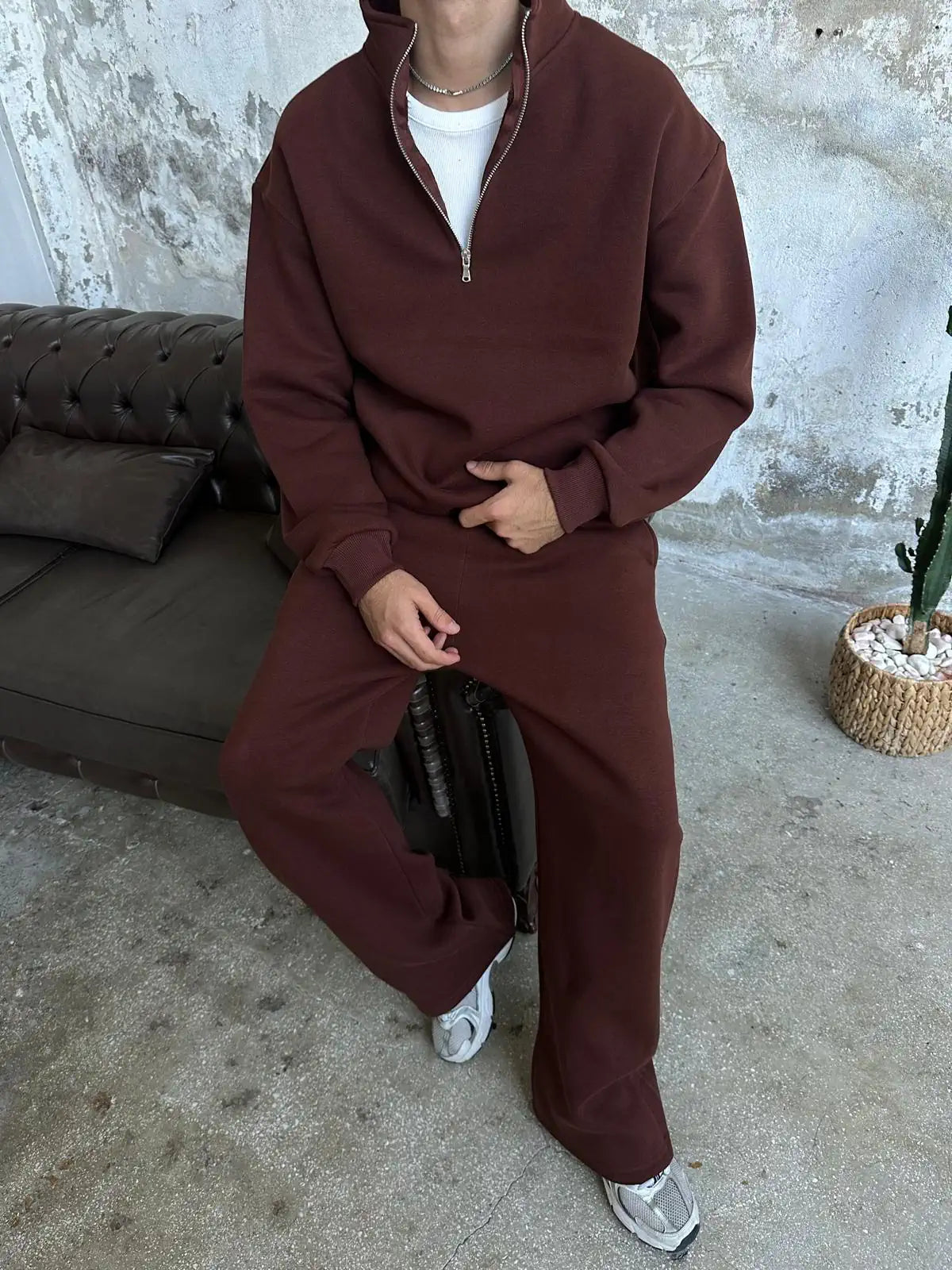 Brown Oversized Basic Half Zipper