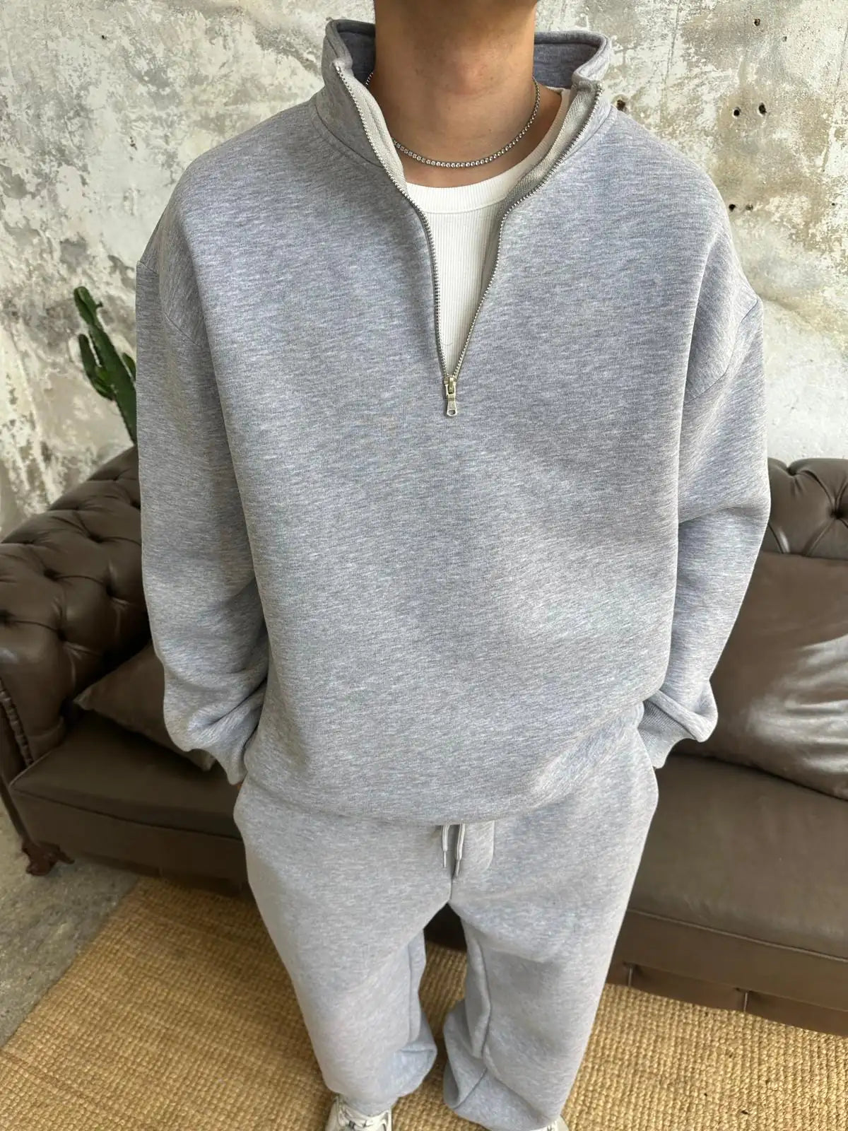 Essential Tracksuit Half Zipper/Sweatpants Set - Gray