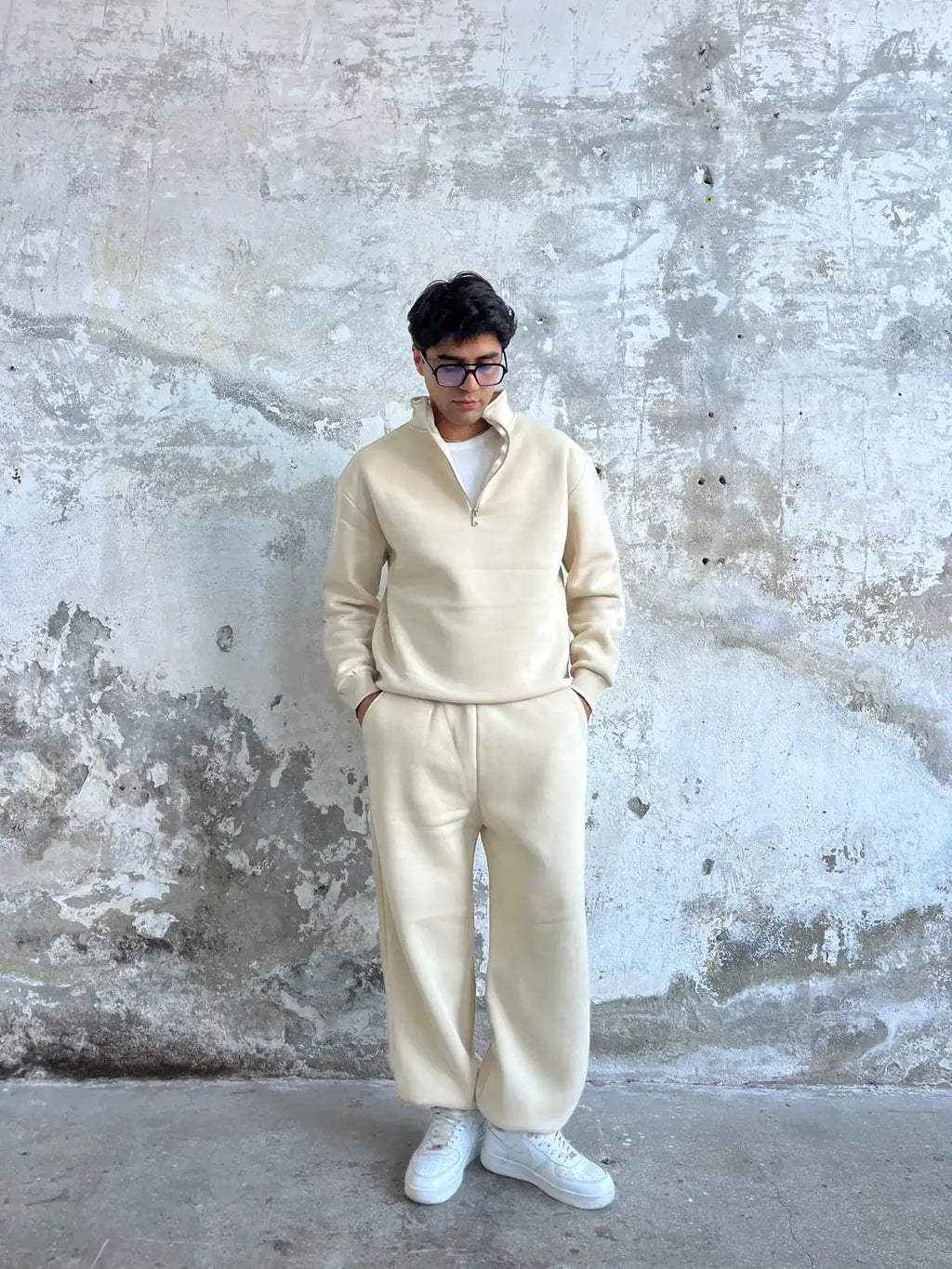 Beige Oversized Basic Half Zipper