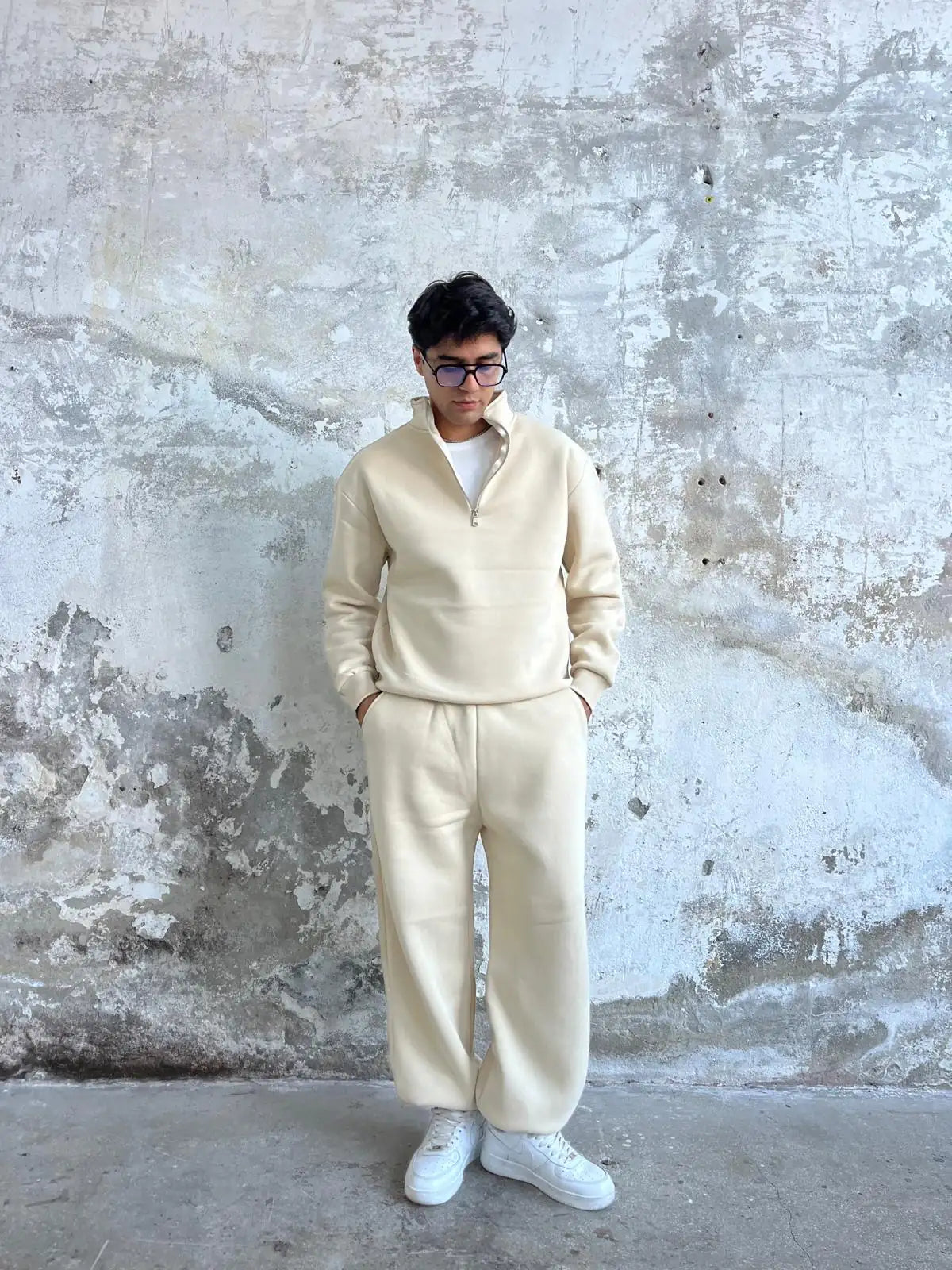 Beige Oversized Basic Half Zipper