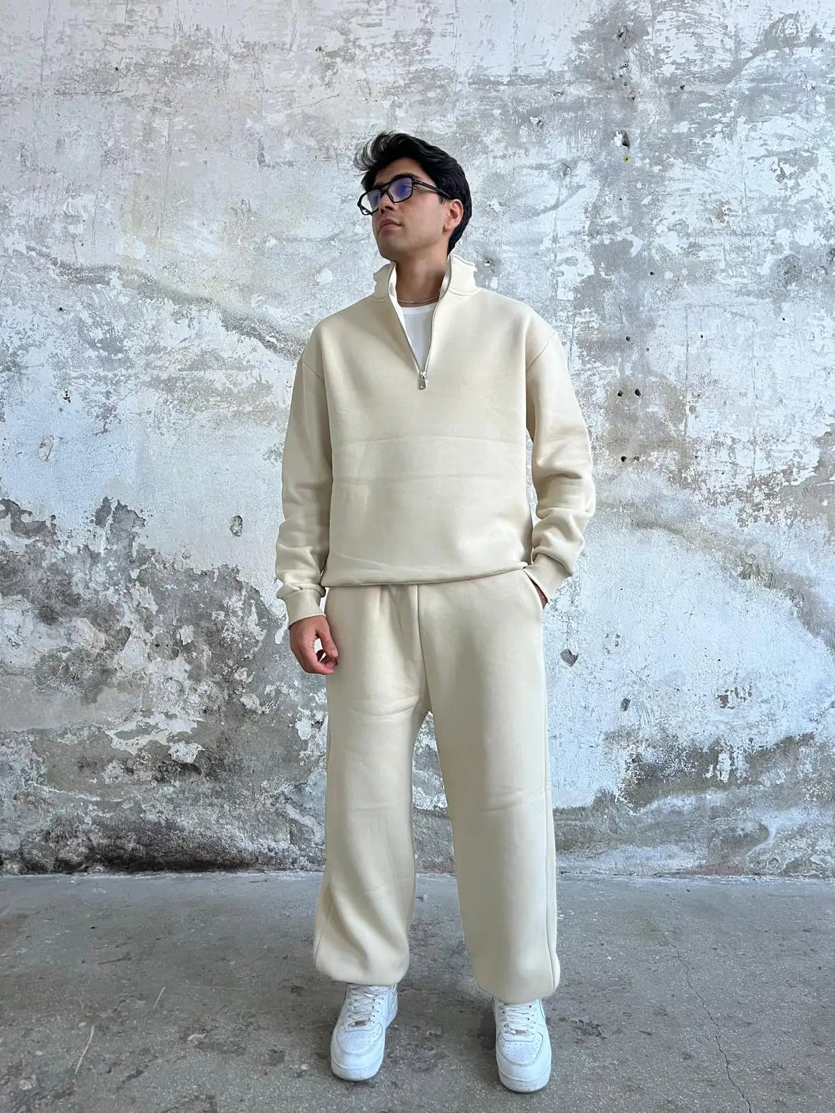 Beige Oversized Basic Half Zipper